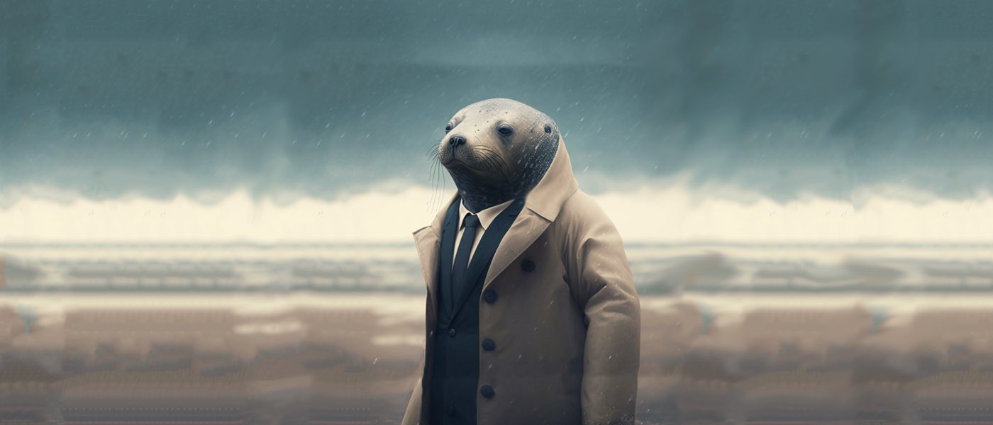 The seal in a trench coat on a rainy shoreline under a heavy sky.
